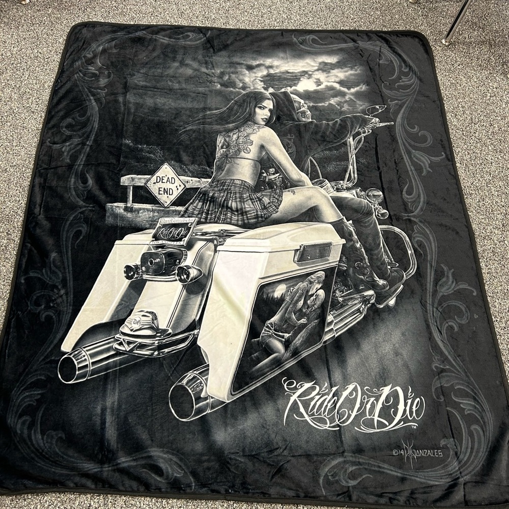 Ride or Die David Gonzalez DGA Art Throw blanket size approx 60x 50 Harley/Biker